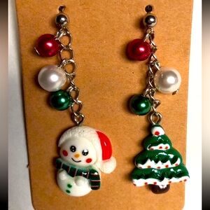 Festive Snowman and Christmas Tree Dangle Earrings